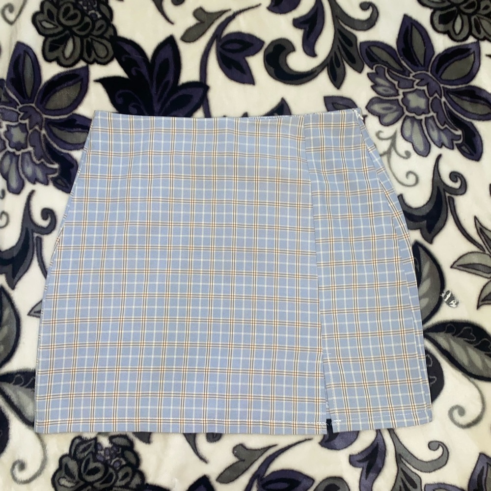 Blue and brown checkered skirt